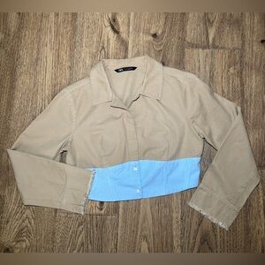 Tan and Blue Cropped Button-Up Shirt Zara.